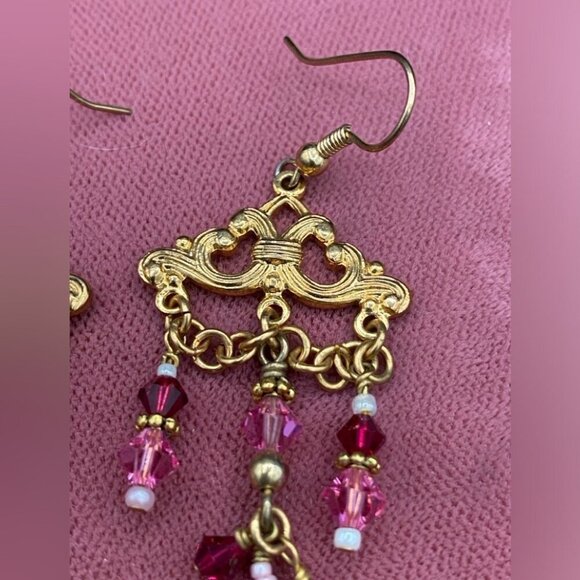 Pink Swarovski Beaded Chandelier Earrings with Gold-tone Victorian Design - Picture 7 of 11
